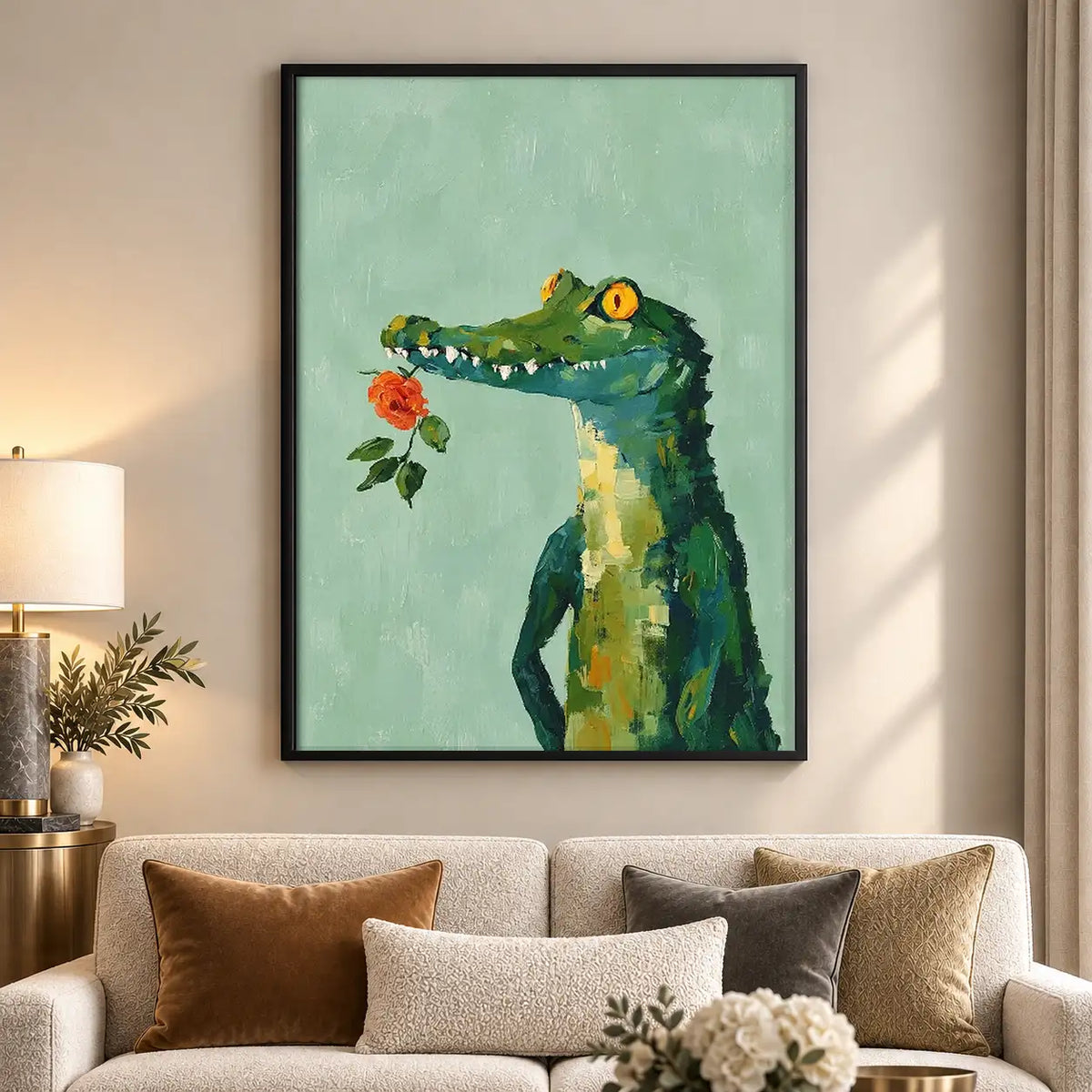 Green Crocodile Holding Red Rose Wall Art 5