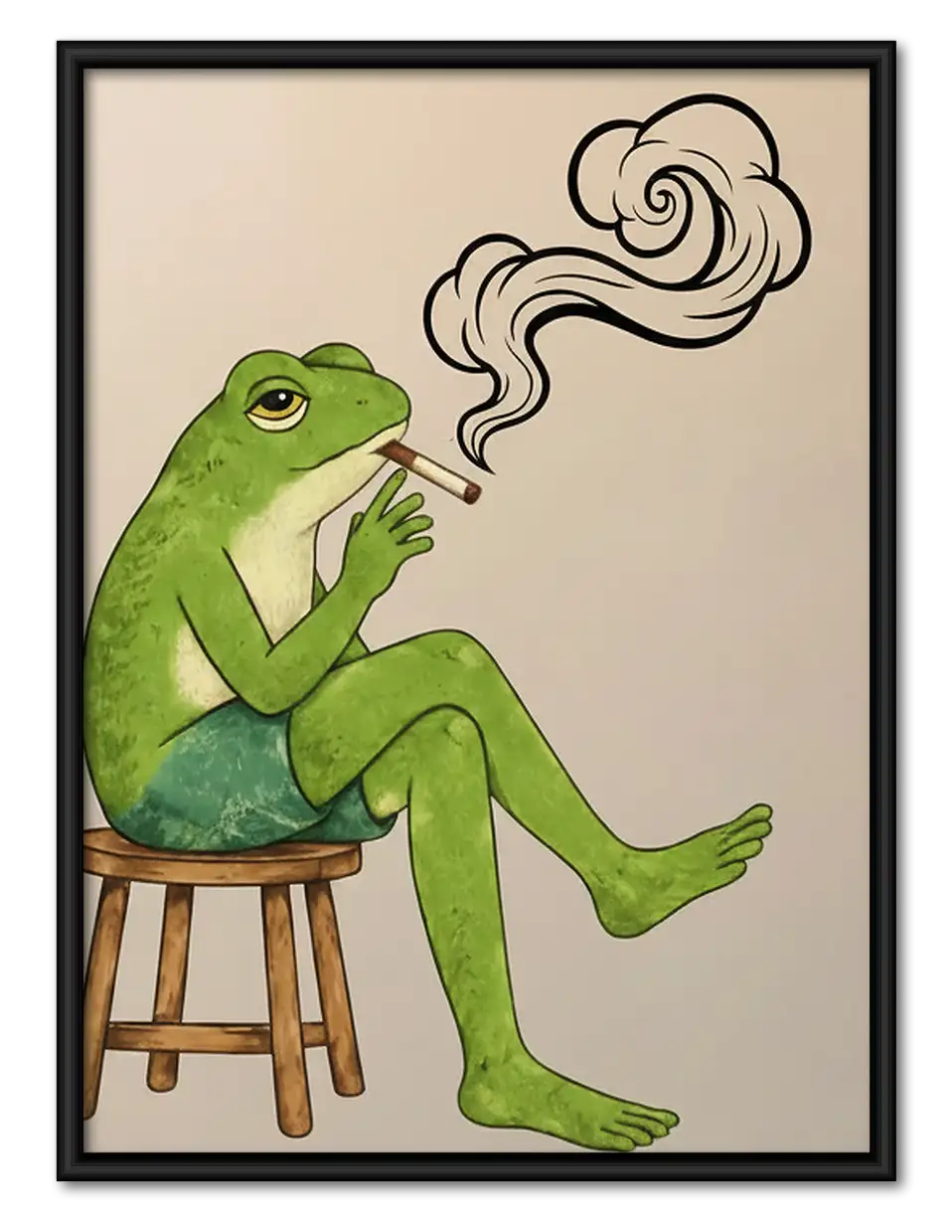 Green Frog Smoking on Stool Wall Art 1