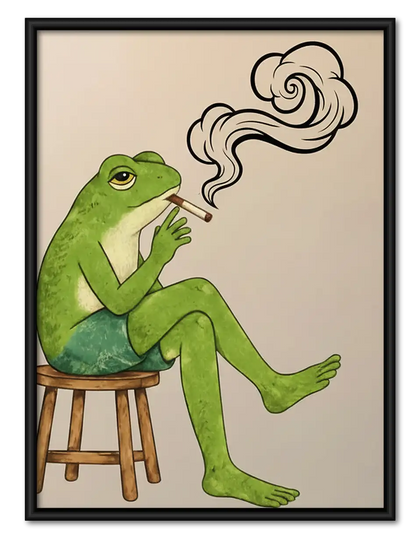 Green Frog Smoking on Stool Wall Art