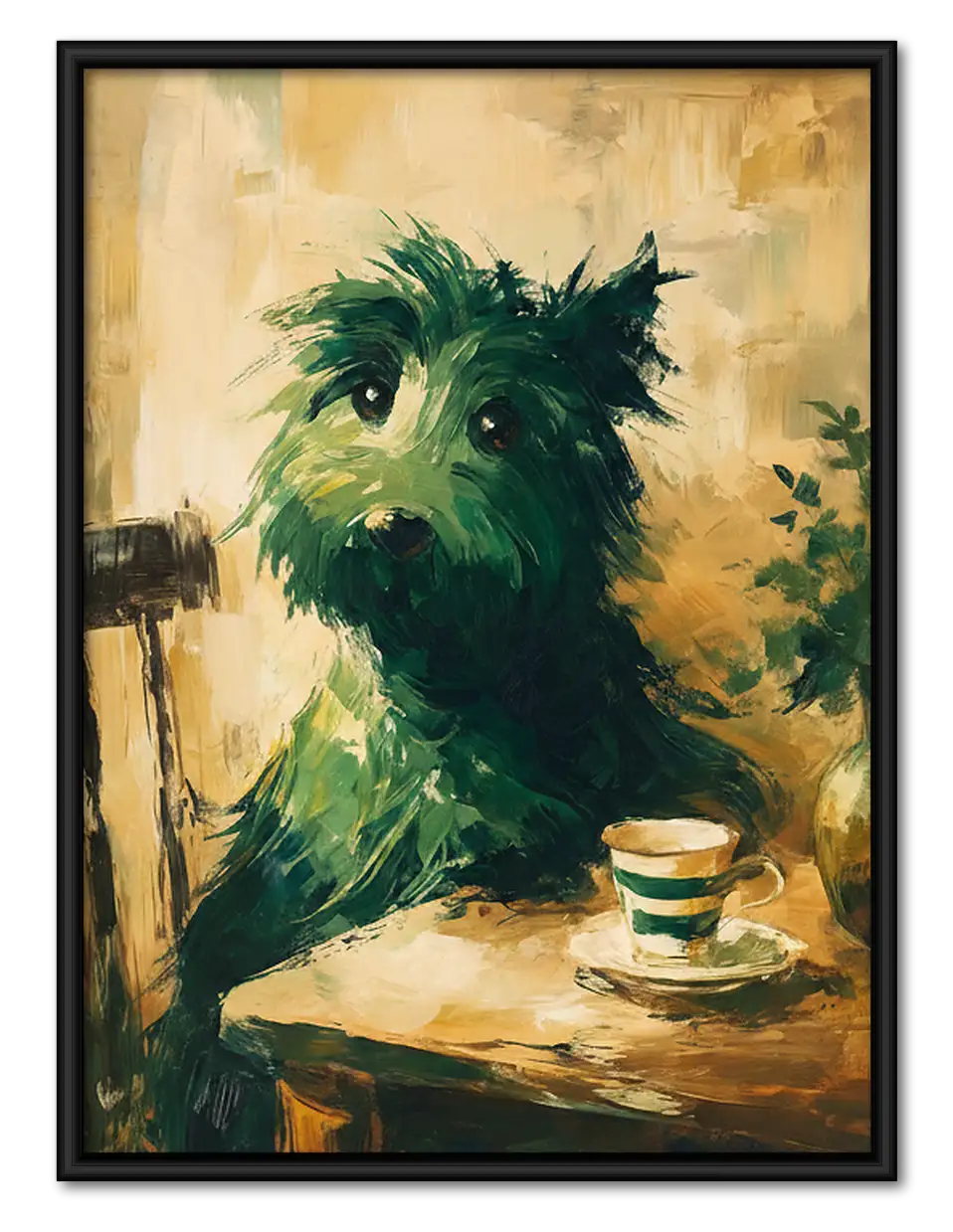 Green Shaggy Dog with Coffee Wall Art 1