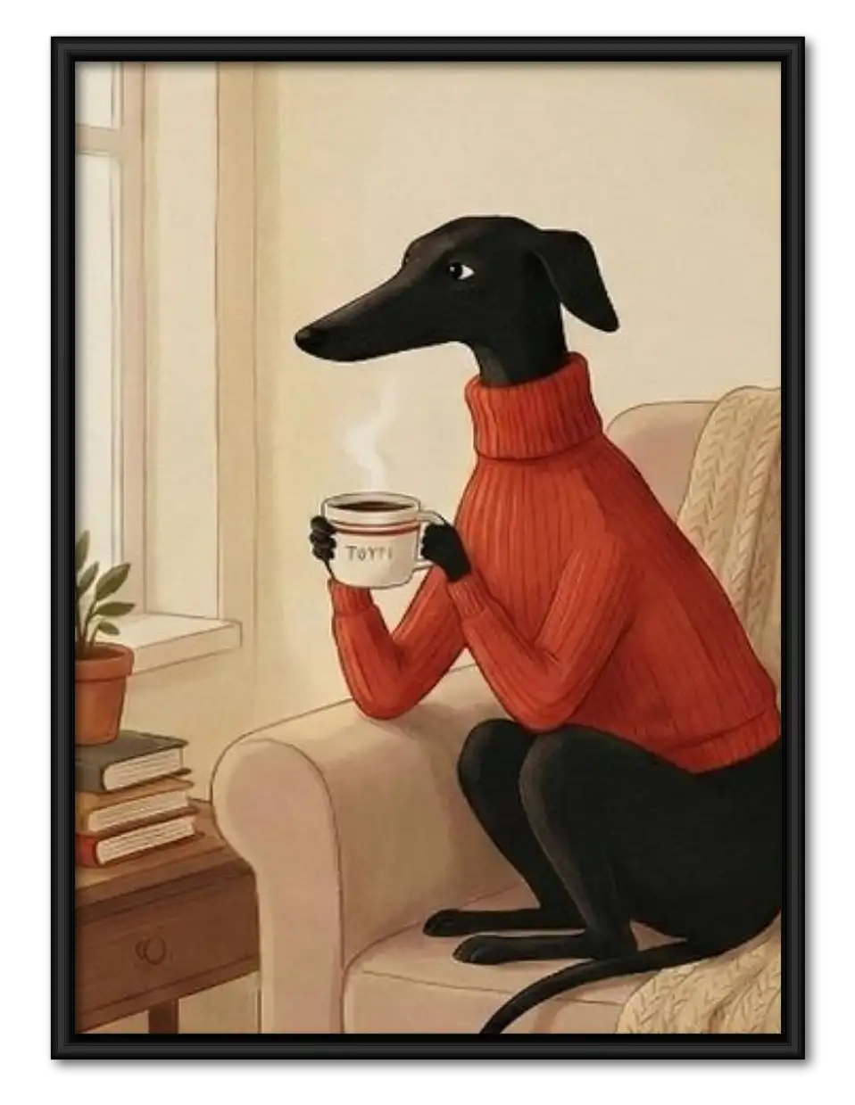 Greyhound Drinking Coffee in Armchair Wall Art 1
