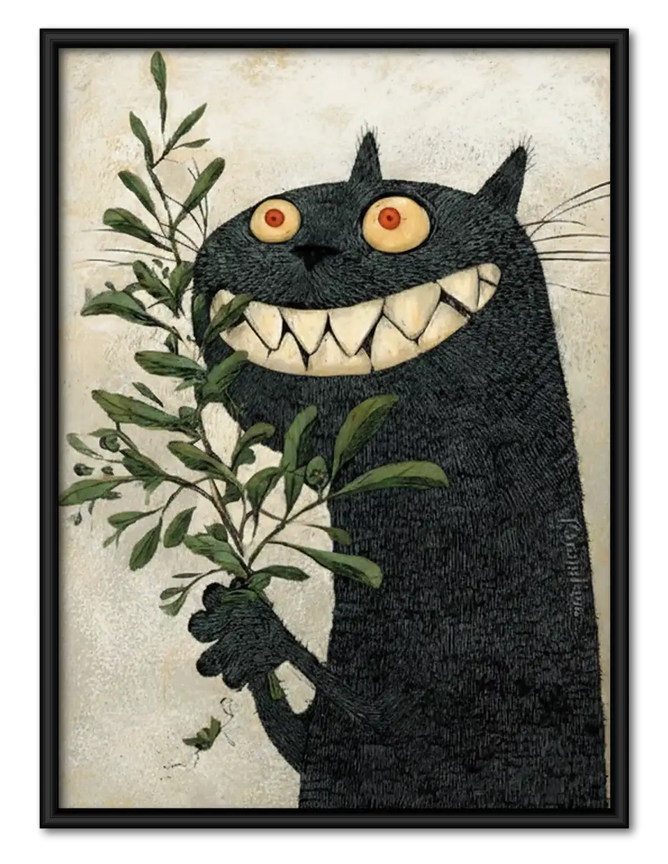 Grinning Black Cat among Green Leaves Wall Art 1