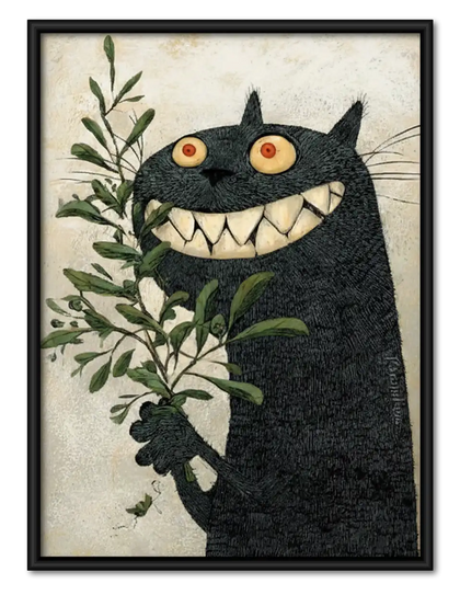 Grinning Black Cat among Green Leaves Wall Art