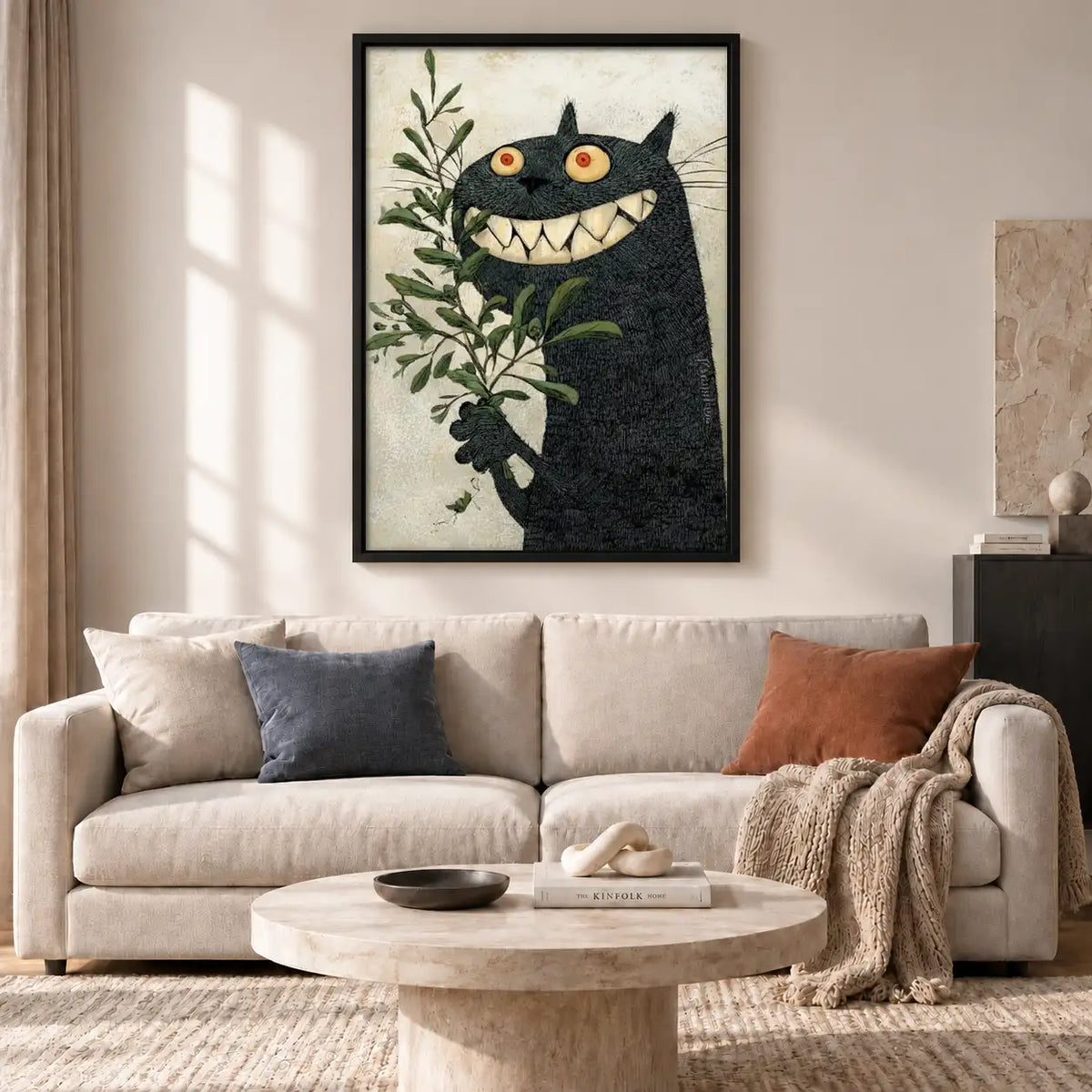Grinning Black Cat among Green Leaves Wall Art 2