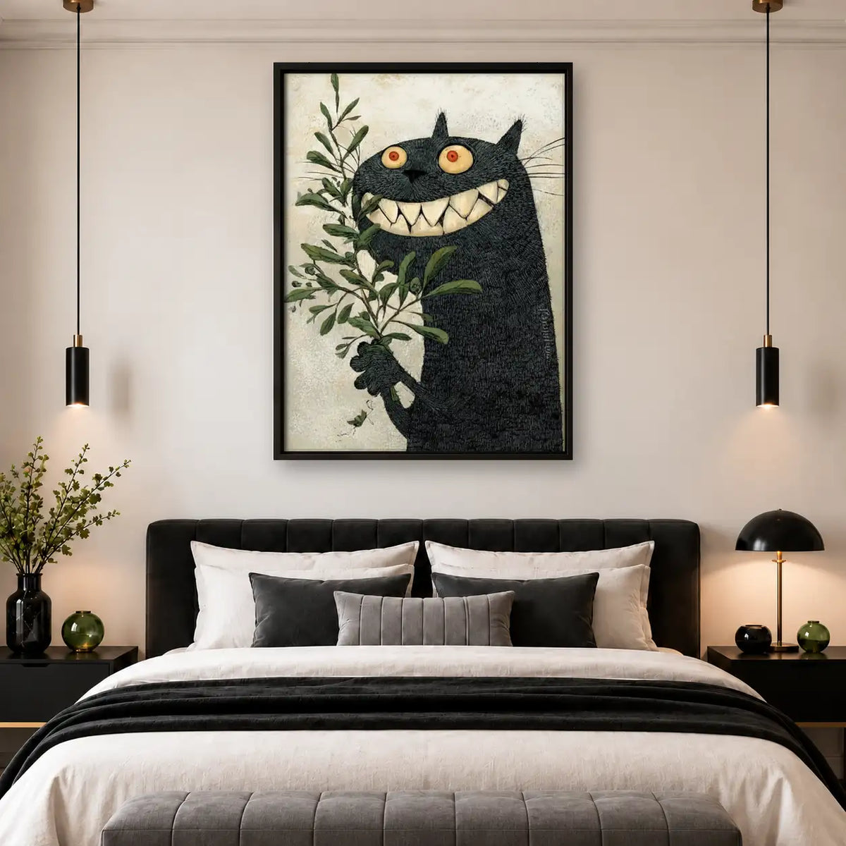 Grinning Black Cat among Green Leaves Wall Art 4