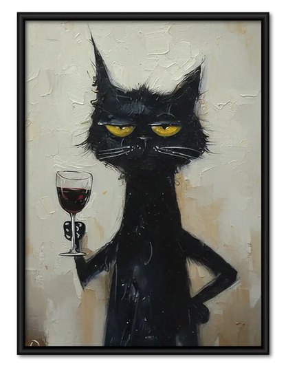 Grumpy Black Cat with Red Wine Wall Art 1