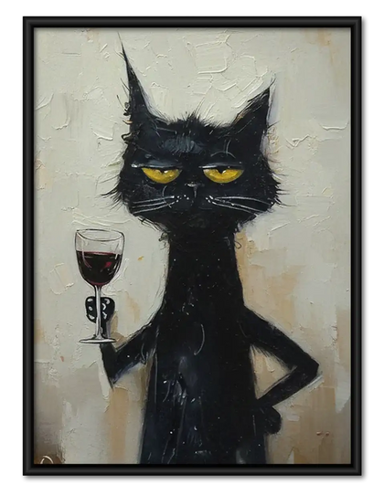 Grumpy Black Cat with Red Wine Wall Art