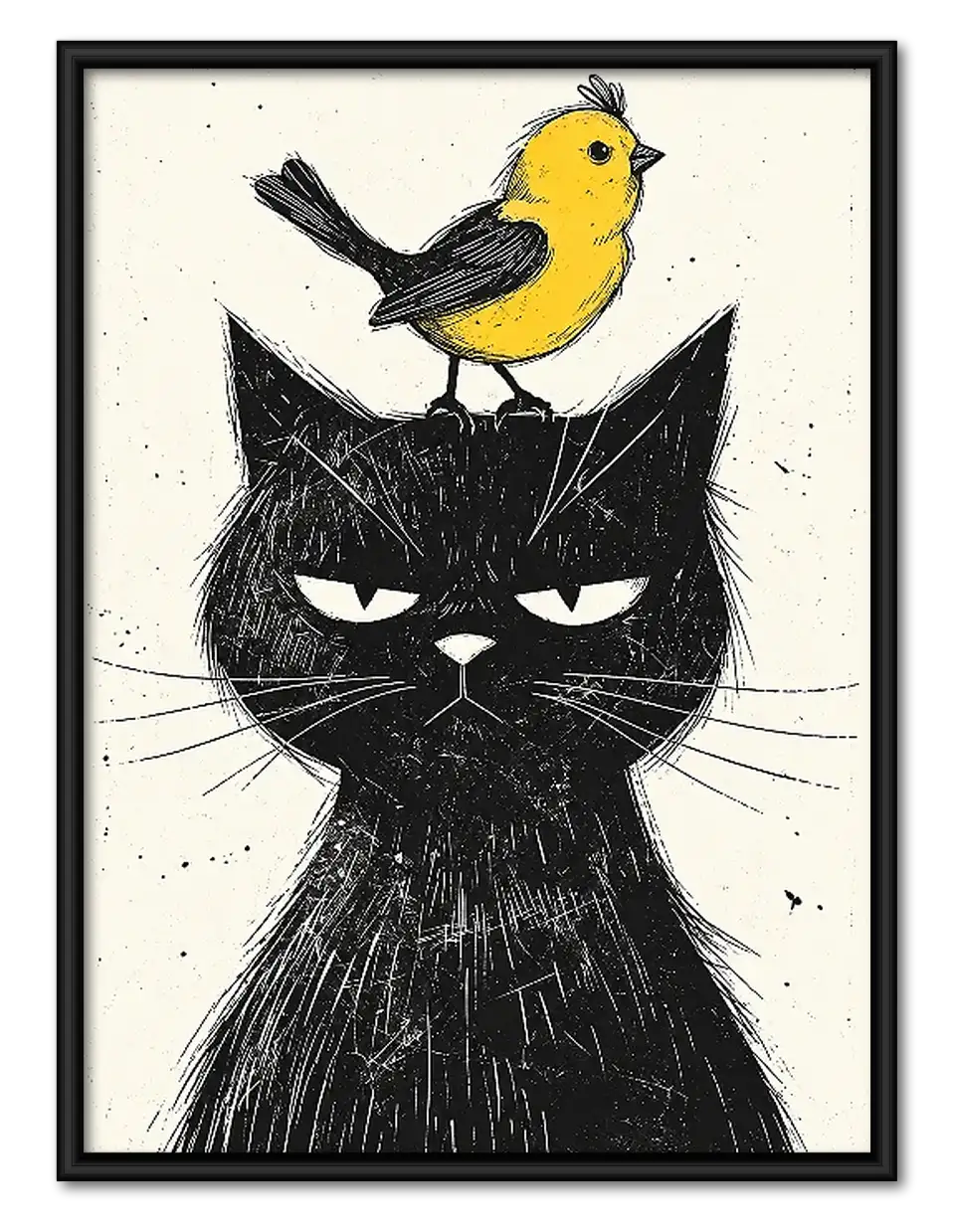 Grumpy Black Cat with Yellow Bird Wall Art 1
