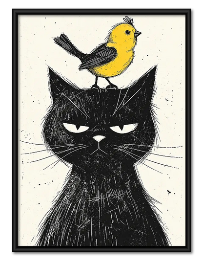 Grumpy Black Cat with Yellow Bird Wall Art 1