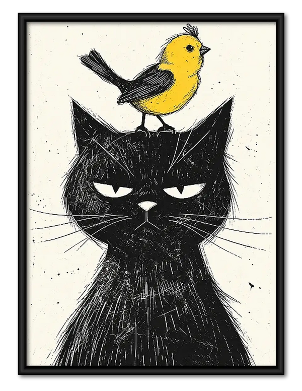 Grumpy Black Cat with Yellow Bird Wall Art