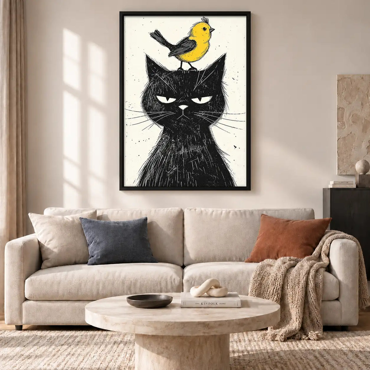 Grumpy Black Cat with Yellow Bird Wall Art 2