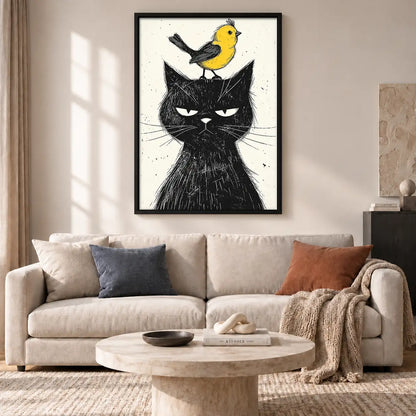 Grumpy Black Cat with Yellow Bird Wall Art 2