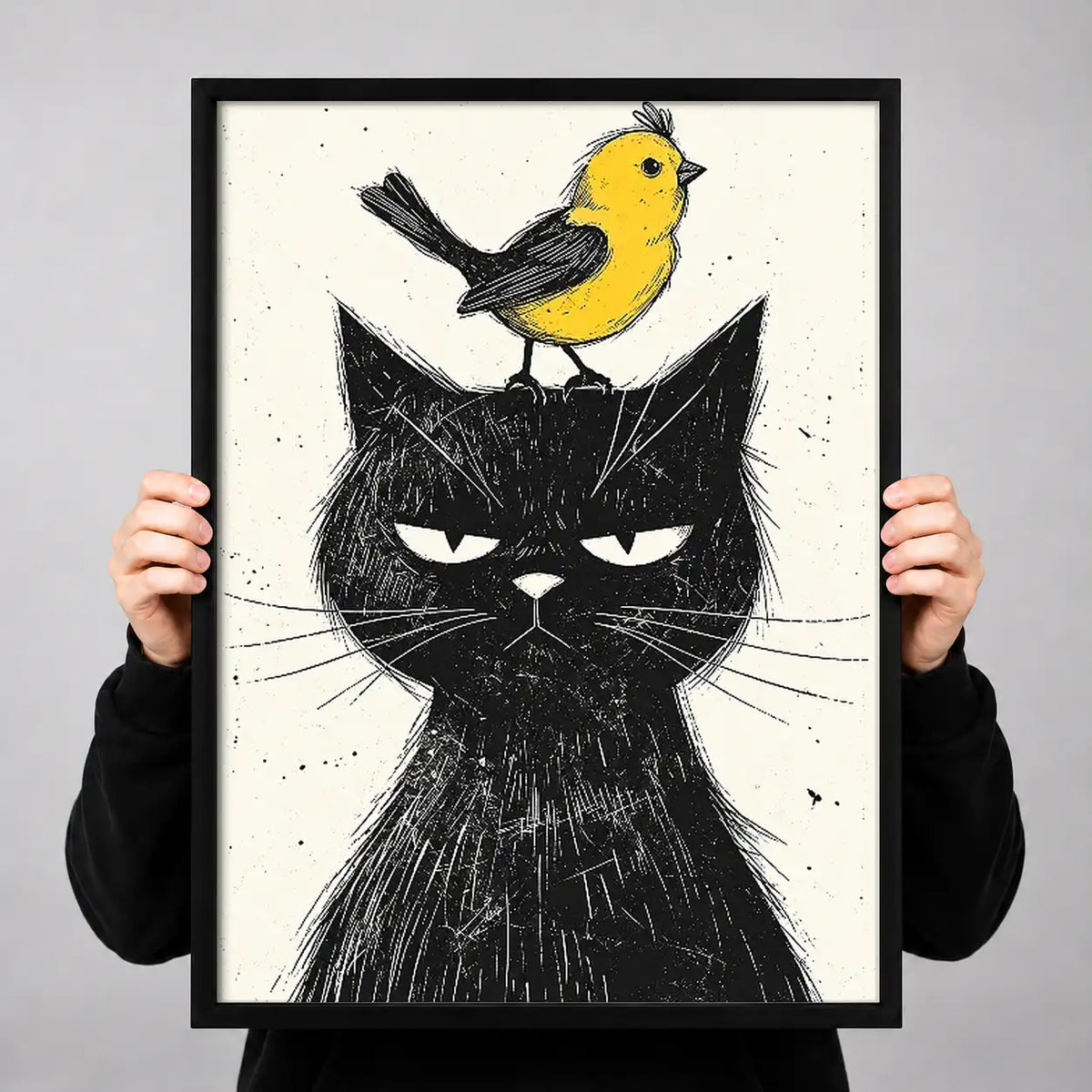 Grumpy Black Cat with Yellow Bird Wall Art 3