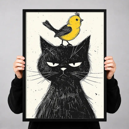 Grumpy Black Cat with Yellow Bird Wall Art 3