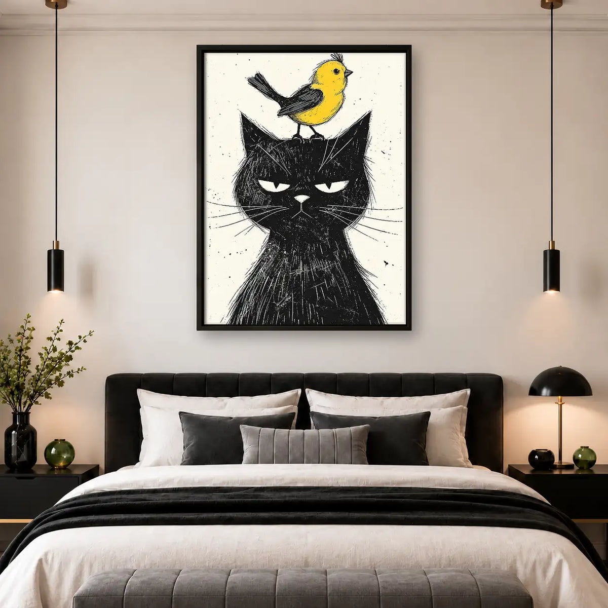 Grumpy Black Cat with Yellow Bird Wall Art 4