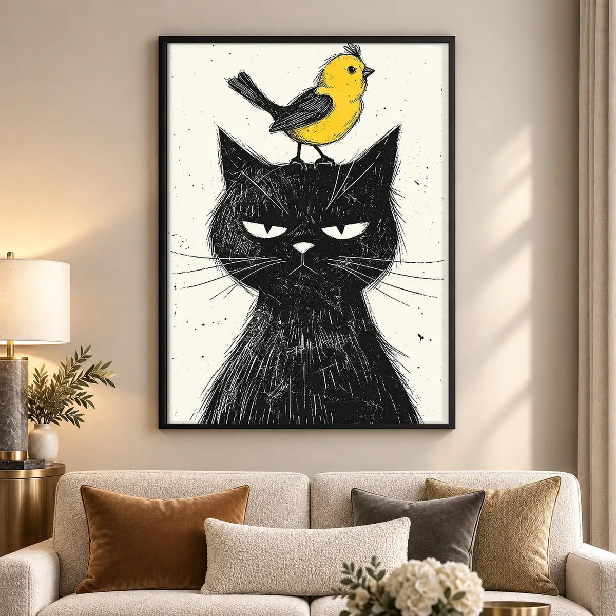 Grumpy Black Cat with Yellow Bird Wall Art 5