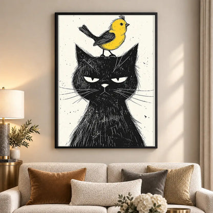 Grumpy Black Cat with Yellow Bird Wall Art 5