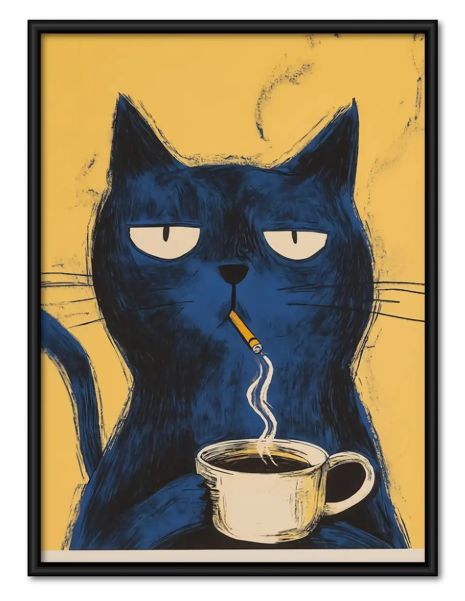 Grumpy Blue Cat with Coffee Wall Art 1