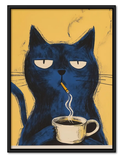 Grumpy Blue Cat with Coffee Wall Art
