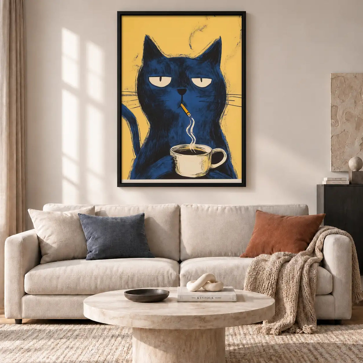 Grumpy Blue Cat with Coffee Wall Art 2