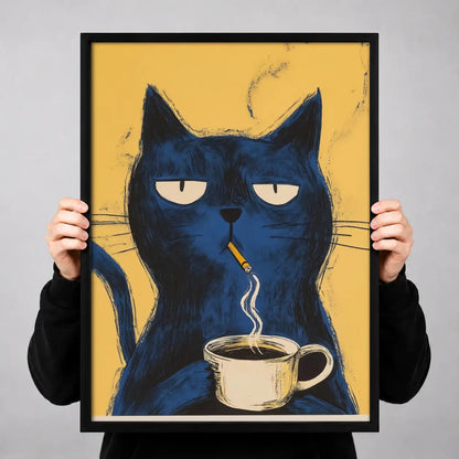 Grumpy Blue Cat with Coffee Wall Art 3