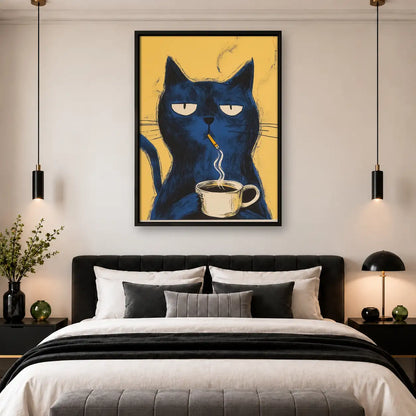 Grumpy Blue Cat with Coffee Wall Art 4