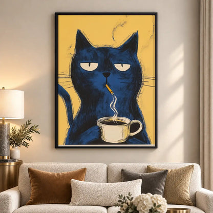 Grumpy Blue Cat with Coffee Wall Art 5