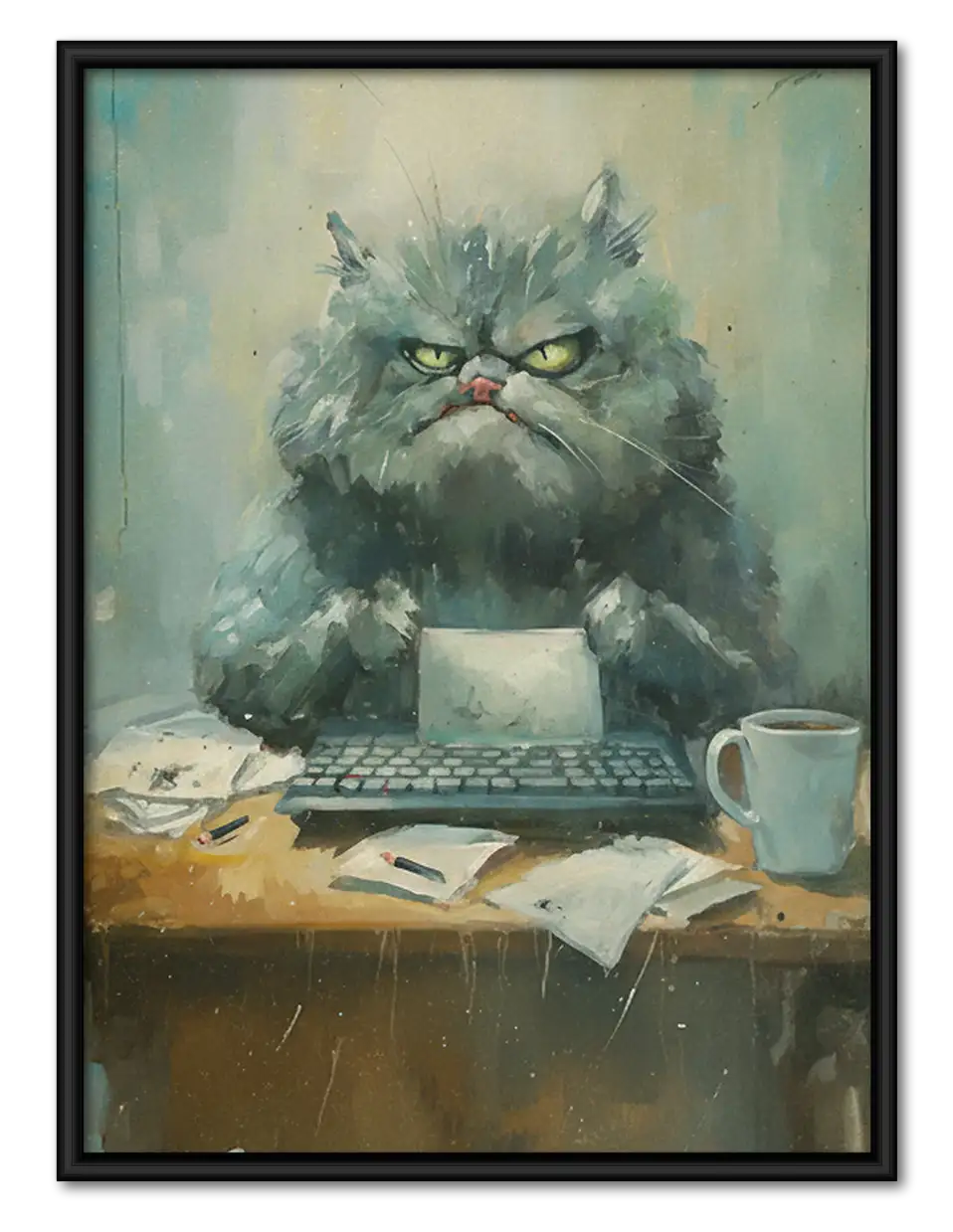 Grumpy Gray Cat with Coffee Wall Art 1