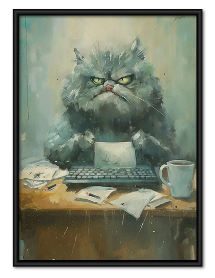 Grumpy Gray Cat with Coffee Wall Art