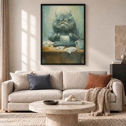 Grumpy Gray Cat with Coffee Wall Art 2