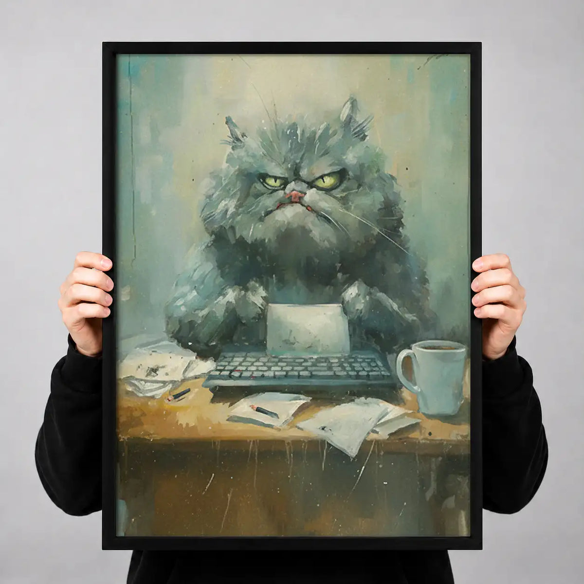 Grumpy Gray Cat with Coffee Wall Art 3