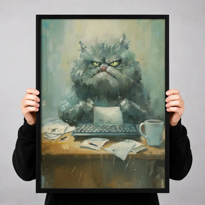 Grumpy Gray Cat with Coffee Wall Art 3
