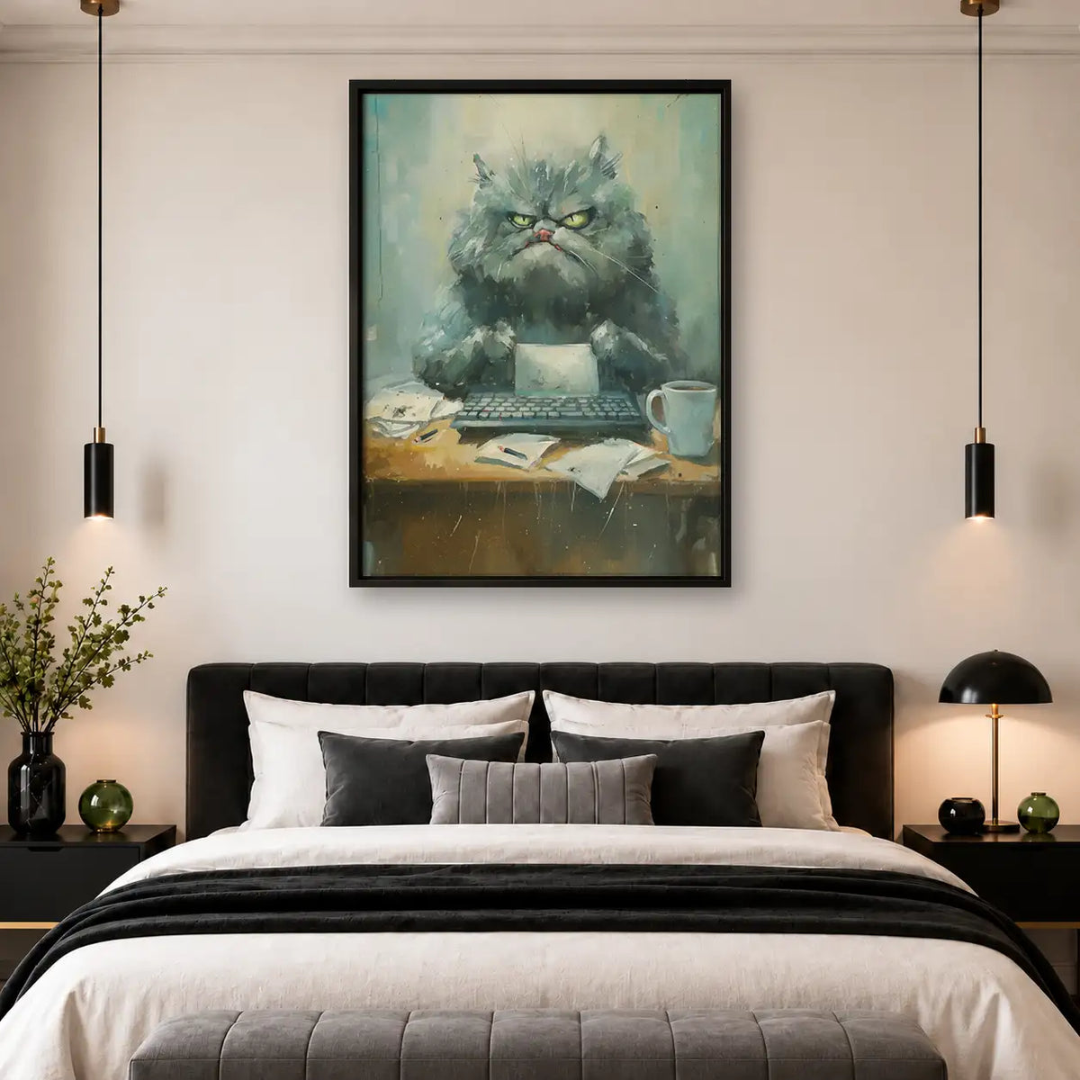 Grumpy Gray Cat with Coffee Wall Art 4