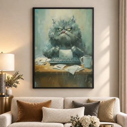 Grumpy Gray Cat with Coffee Wall Art 5