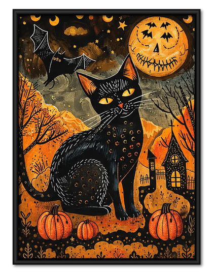 Halloween Black Cat and Pumpkins Wall Art