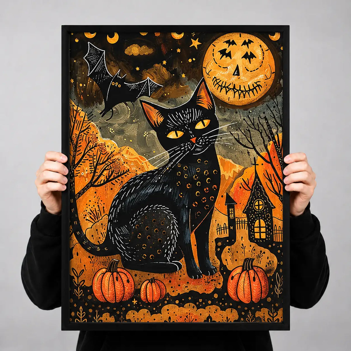 Halloween Black Cat and Pumpkins Wall Art 3