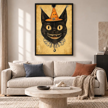 Halloween Black Cat in Orange Witch Hat Wall Art 2