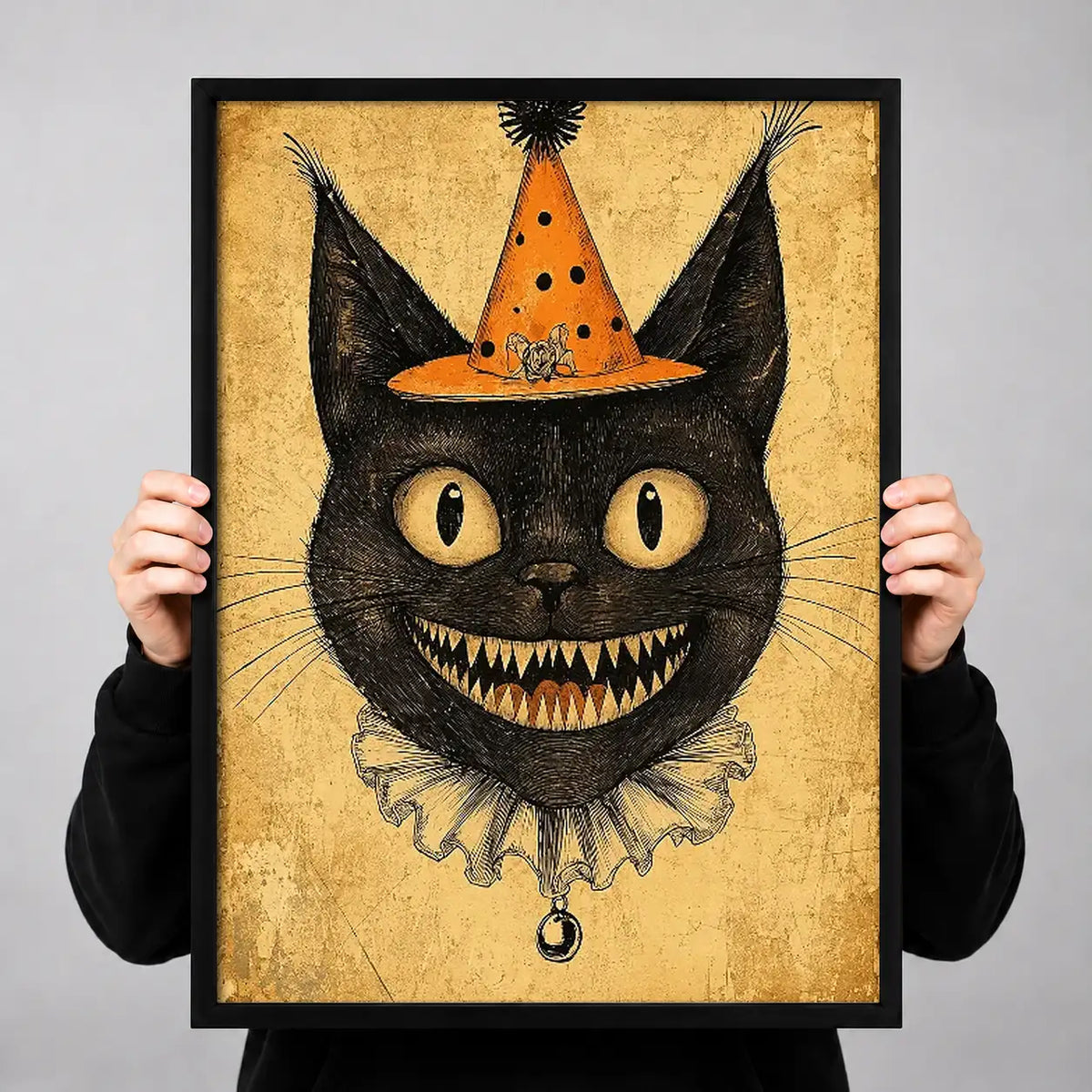 Halloween Black Cat in Orange Witch Hat Wall Art 3