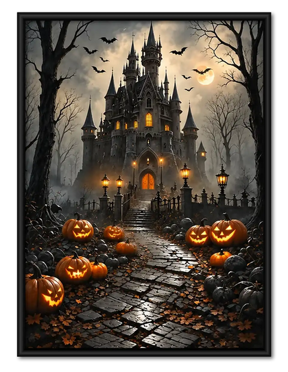 Halloween Castle with Glowing Pumpkins Wall Art