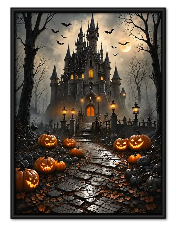 Halloween Castle with Glowing Pumpkins Wall Art