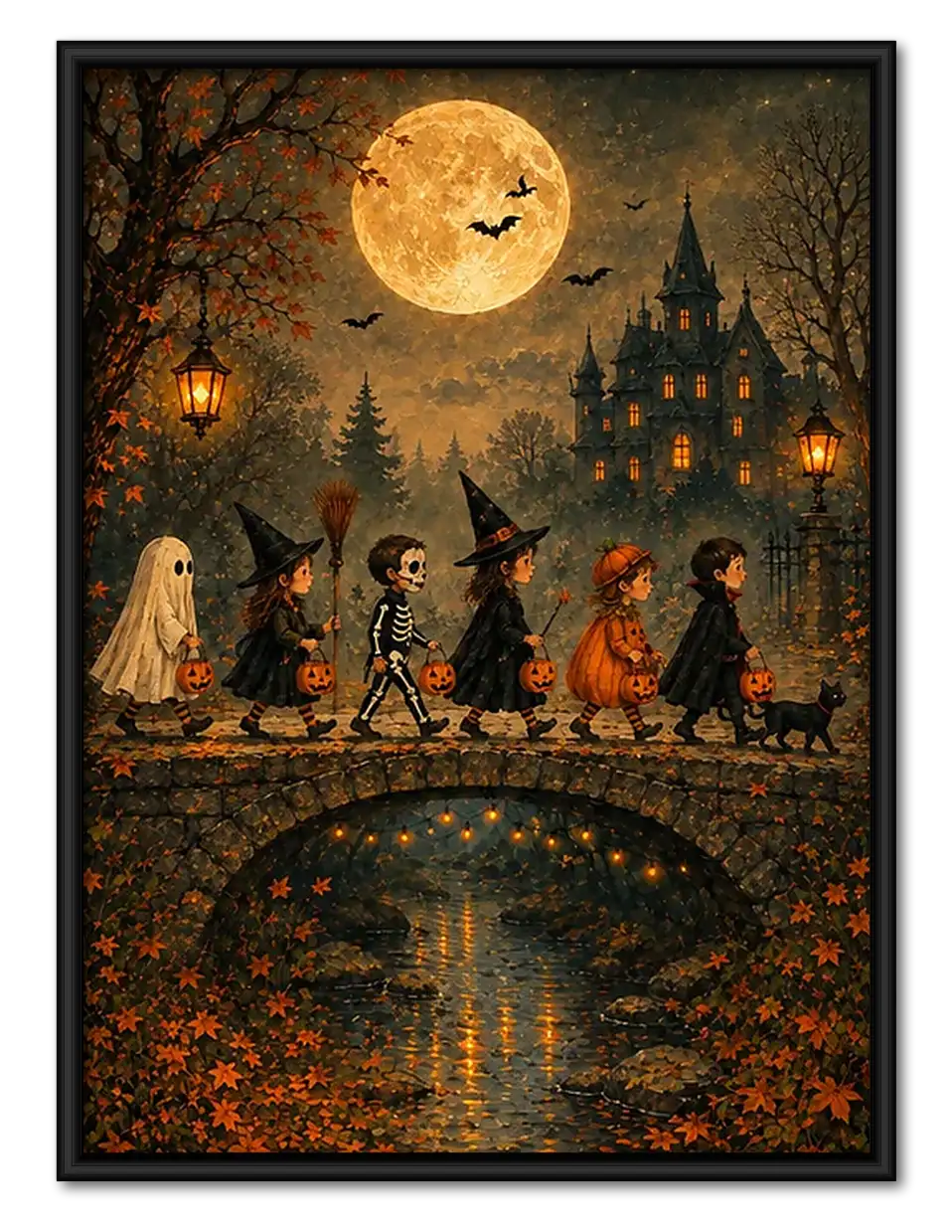 Halloween Parade over Moonlit Bridge Wall Art 1