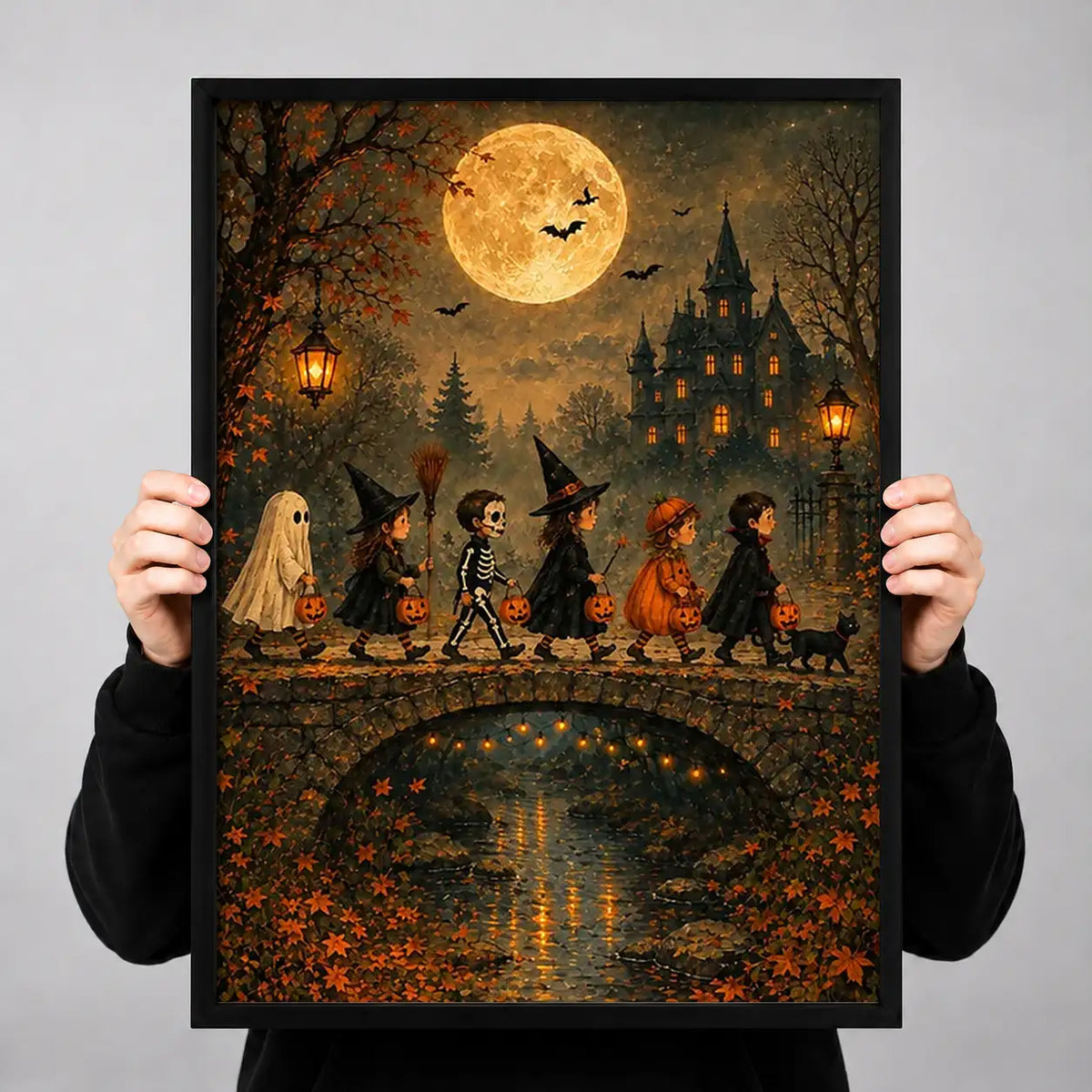 Halloween Parade over Moonlit Bridge Wall Art 3