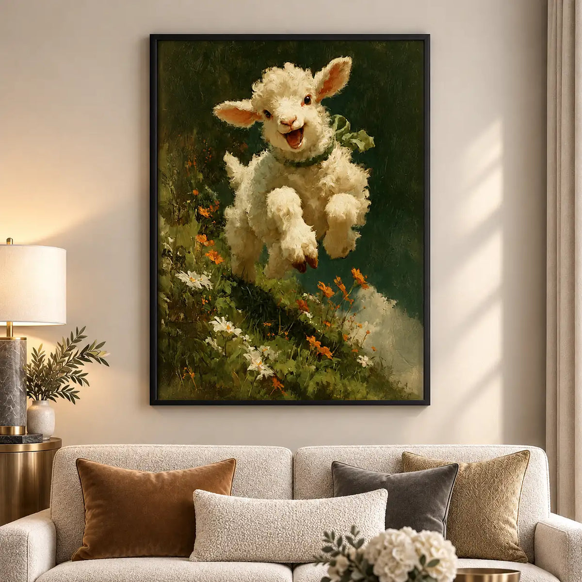Happy Lamb in Flower Meadow Wall Art 5