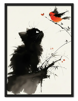 Ink Black Kitten and Red Bird Wall Art