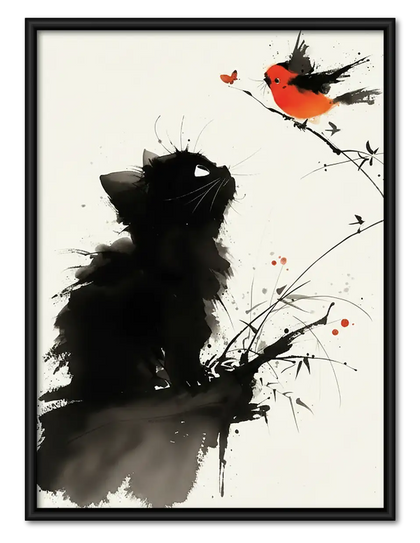 Ink Black Kitten and Red Bird Wall Art