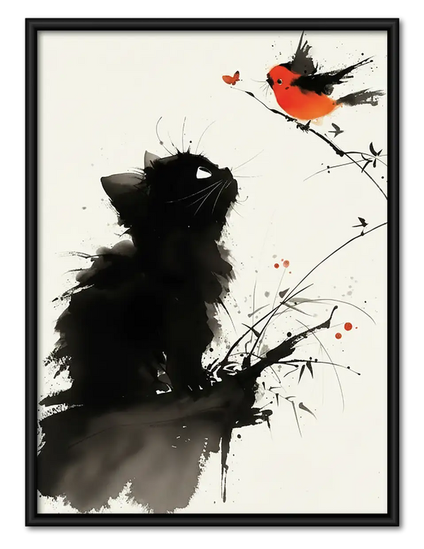 Ink Black Kitten and Red Bird Wall Art
