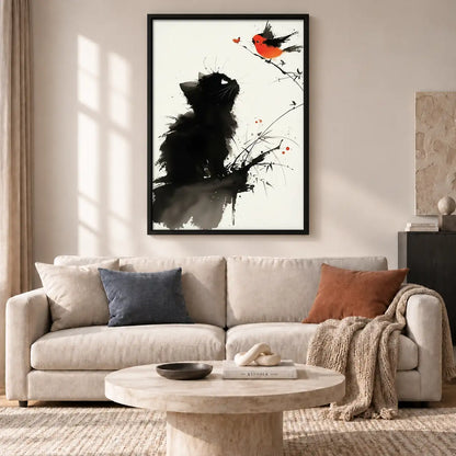 Ink Black Kitten and Red Bird Wall Art 2