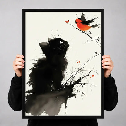 Ink Black Kitten and Red Bird Wall Art 3