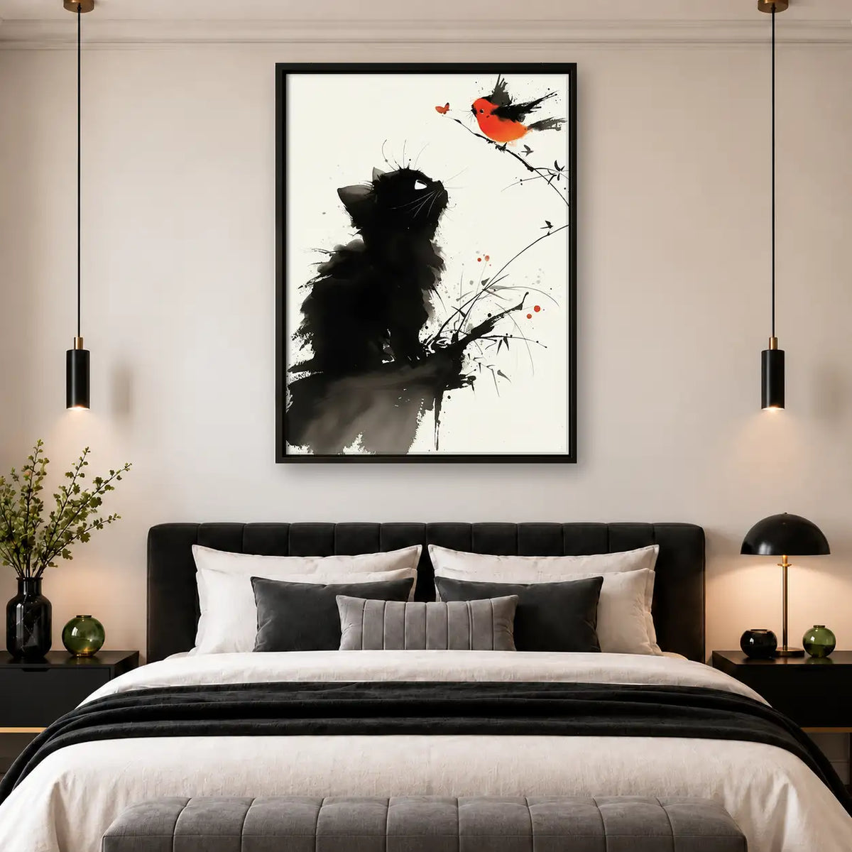 Ink Black Kitten and Red Bird Wall Art 4