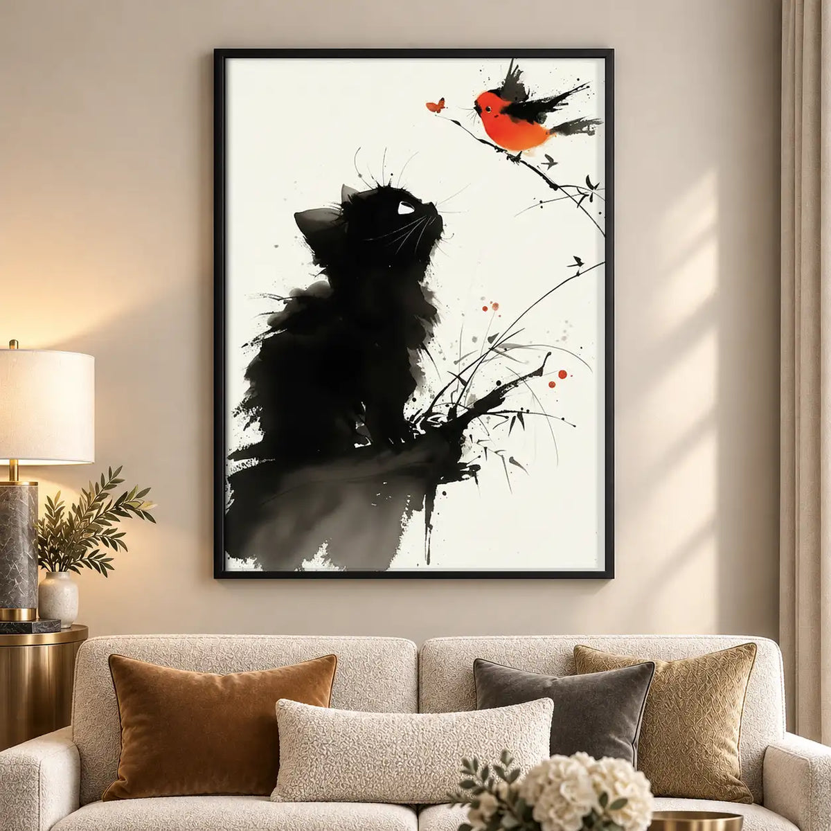 Ink Black Kitten and Red Bird Wall Art 5